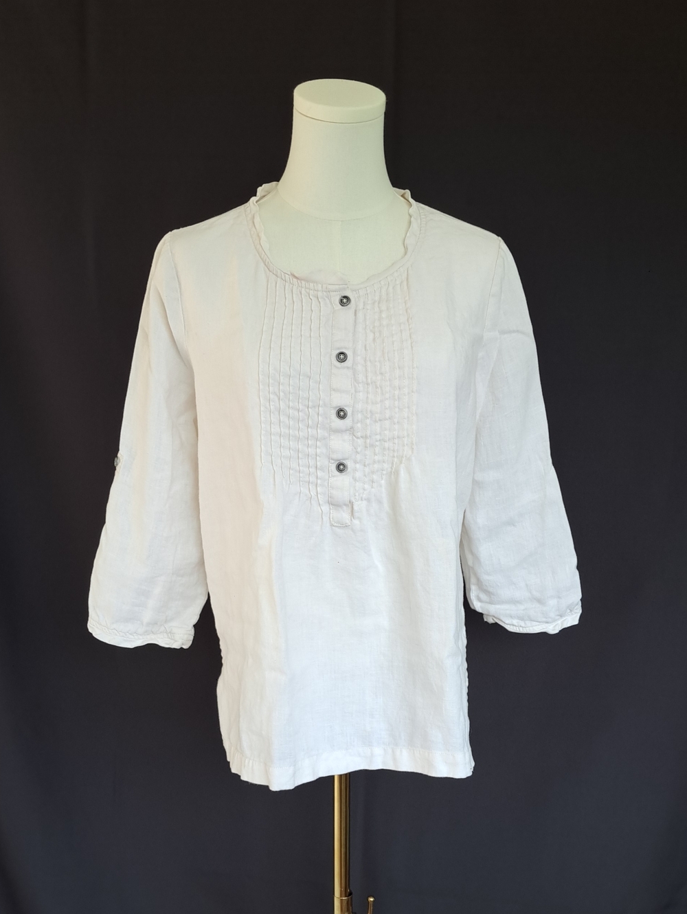 VTG Hot Cotton 100% Linen Cream Pintuck Henley Blouse Coastal Boho Lagenlook S
